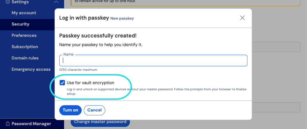 Use passkey for vault encryption