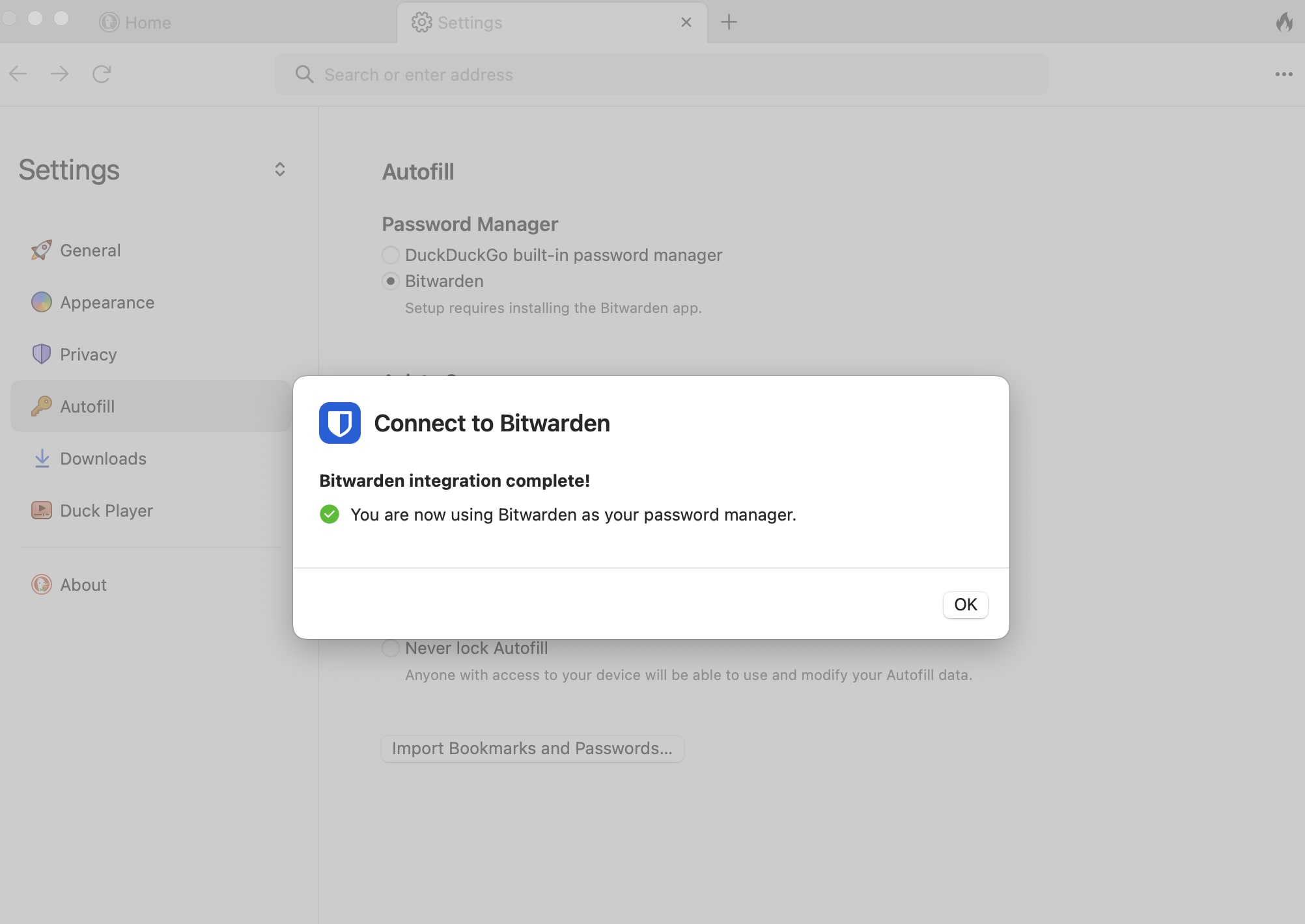 DuckDuckGo Settings | Bitwarden integration completed