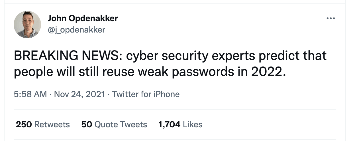 John Opdenakker's tweet on cybersecurity prediction for 2022