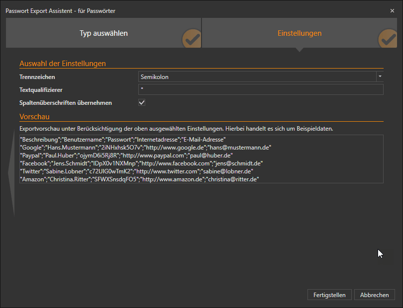Export settings screen from Desktop App