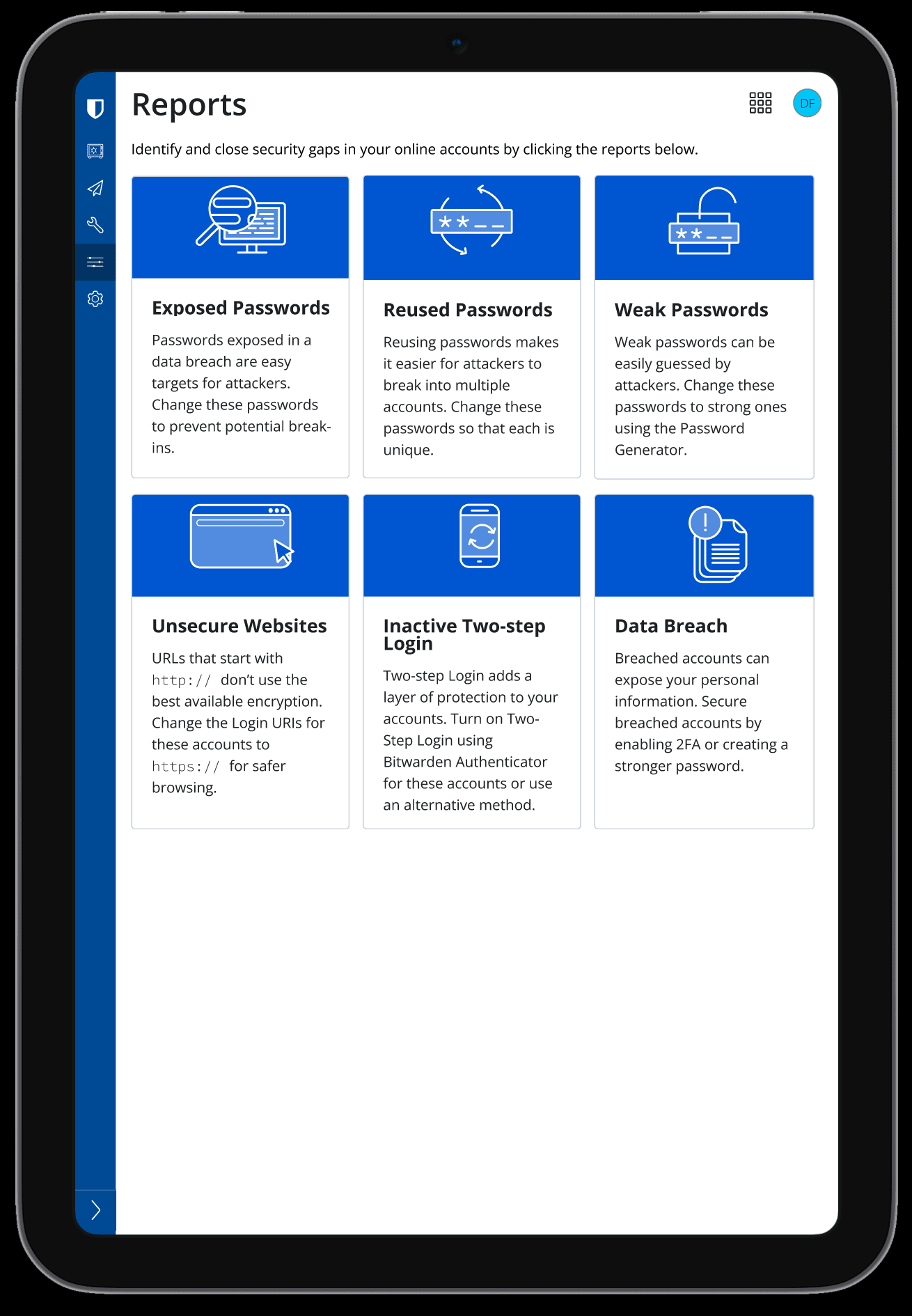 Concept image displaying Bitwarden on a tablet-sized screen. Not reflective of current implementation.