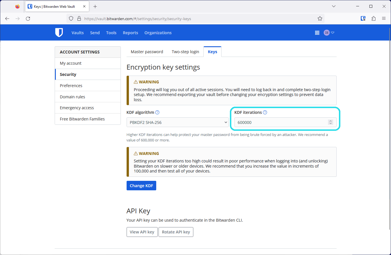 The Encryption key settings in the Bitwarden web app