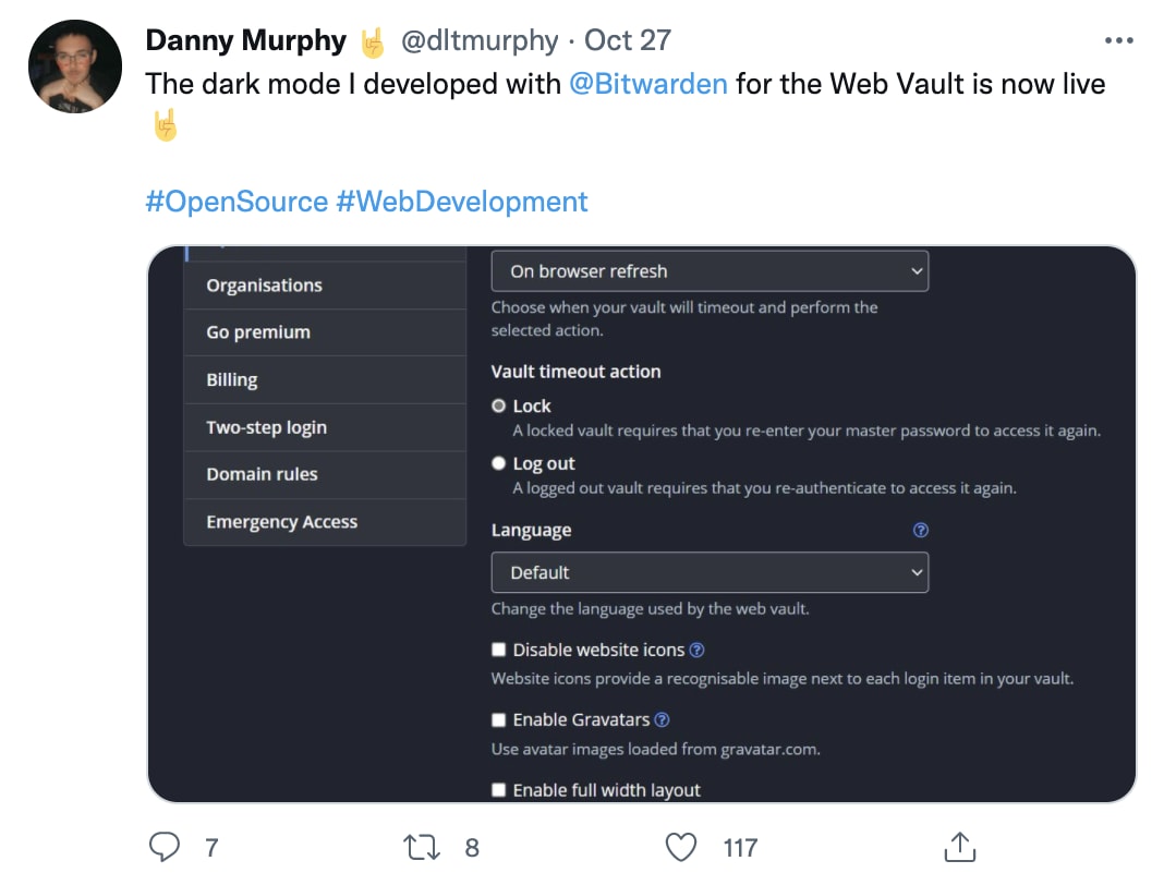 A Savvy User Brings Dark Mode to Bitwarden Twitter