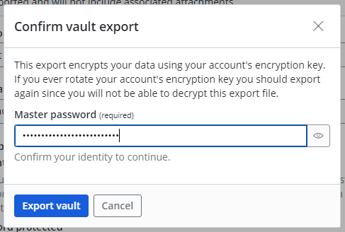 Make sure to read the warning before you continue on with your Bitwarden vault export.