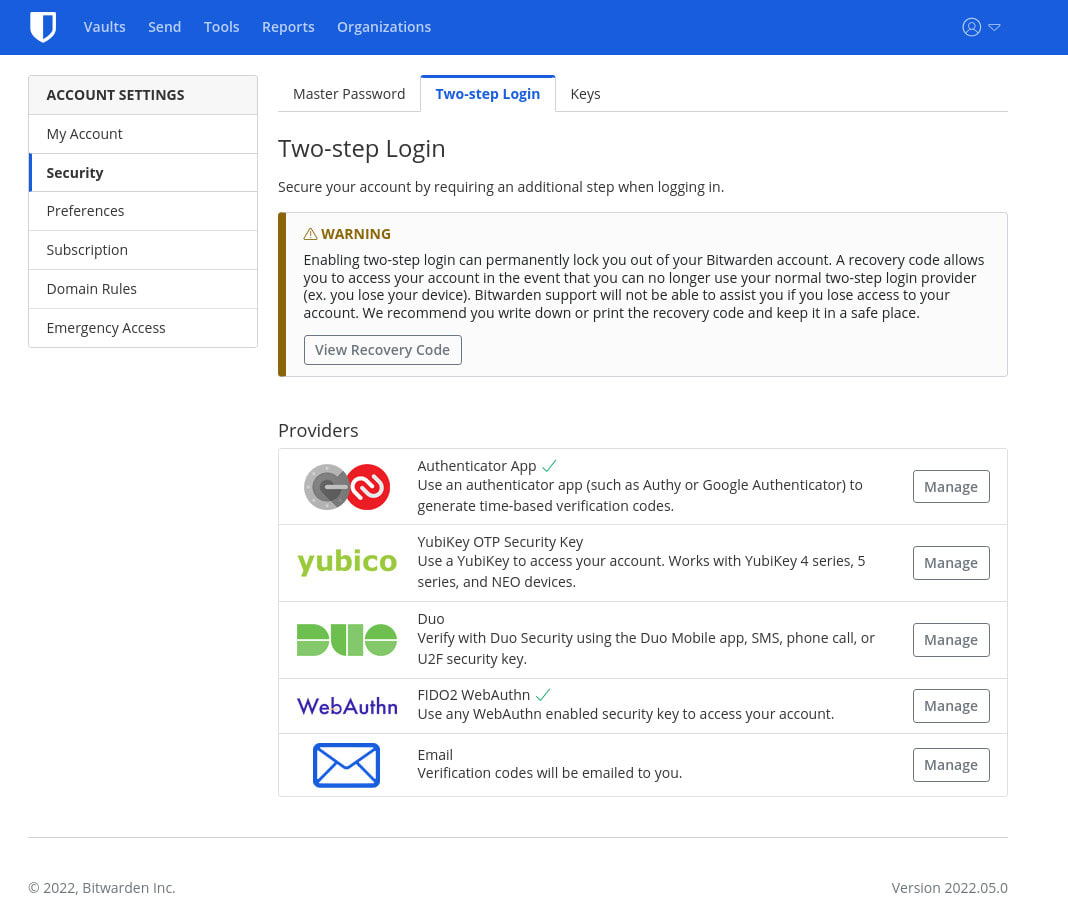 Figure B: The Two-step Login tab is where you can manage the various types of 2FA for your Bitwarden account.