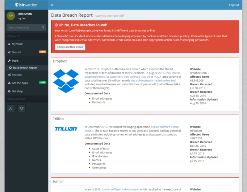 The Bitwarden Data Breach Report shows an account that has been in several online data breaches.