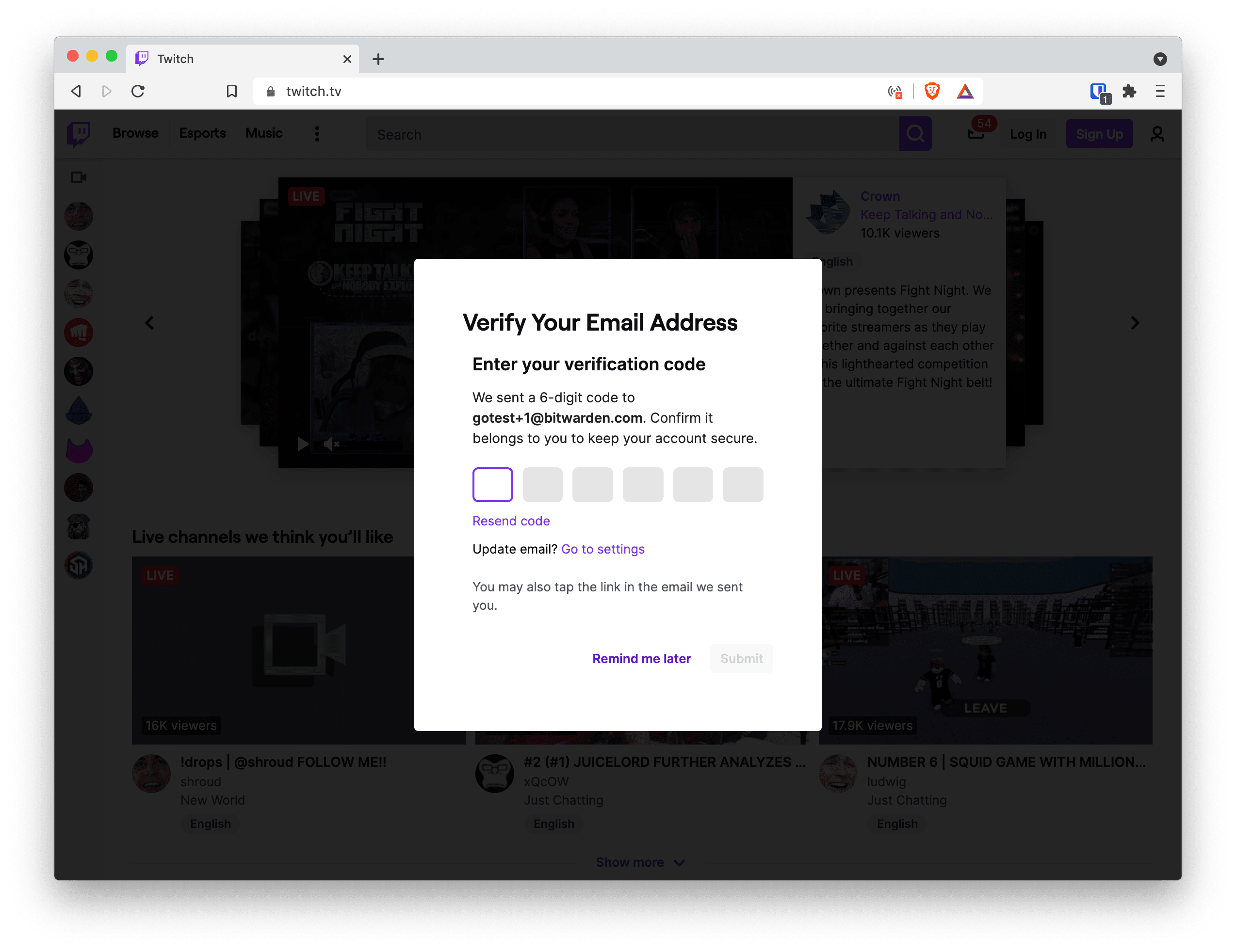 Enter in Twitch verification code
