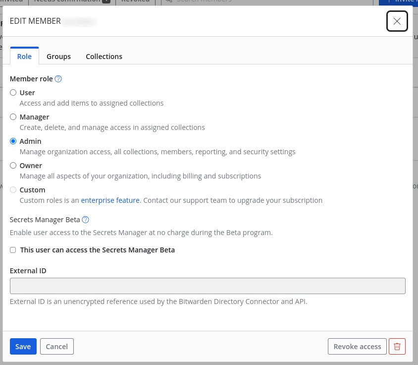 Figure 1: The Bitwarden access control window for shared Organizations.