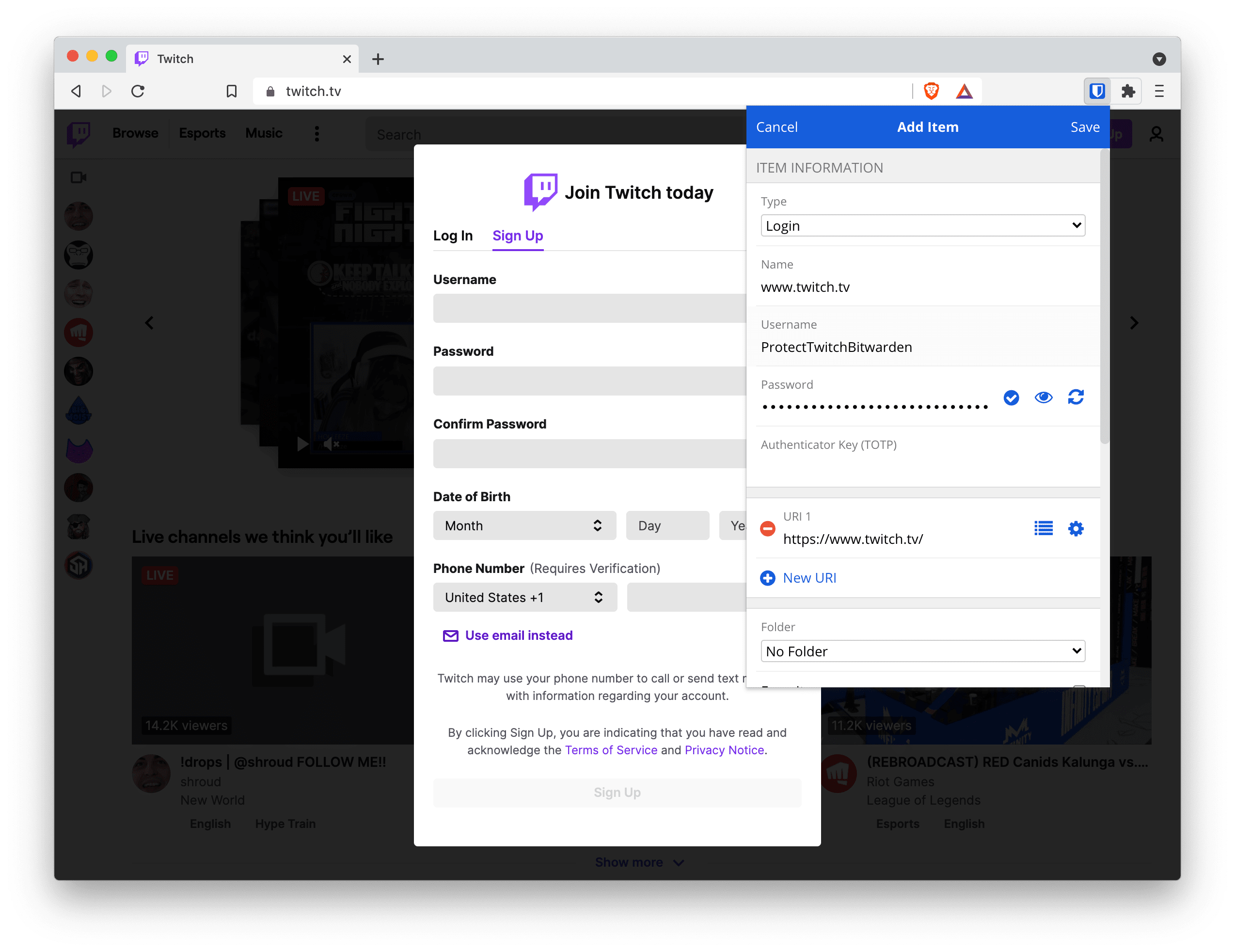 Select and save your Twitch credentials with the Bitwarden browser extension