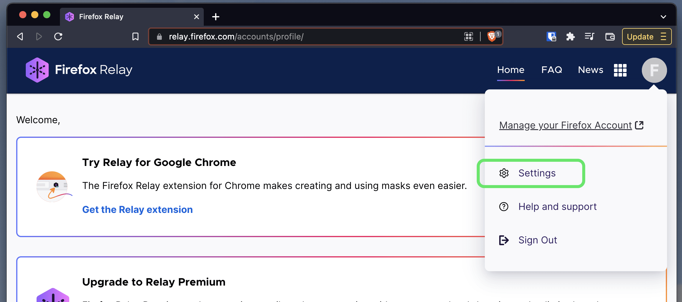 Firefox Relay Settings Menu