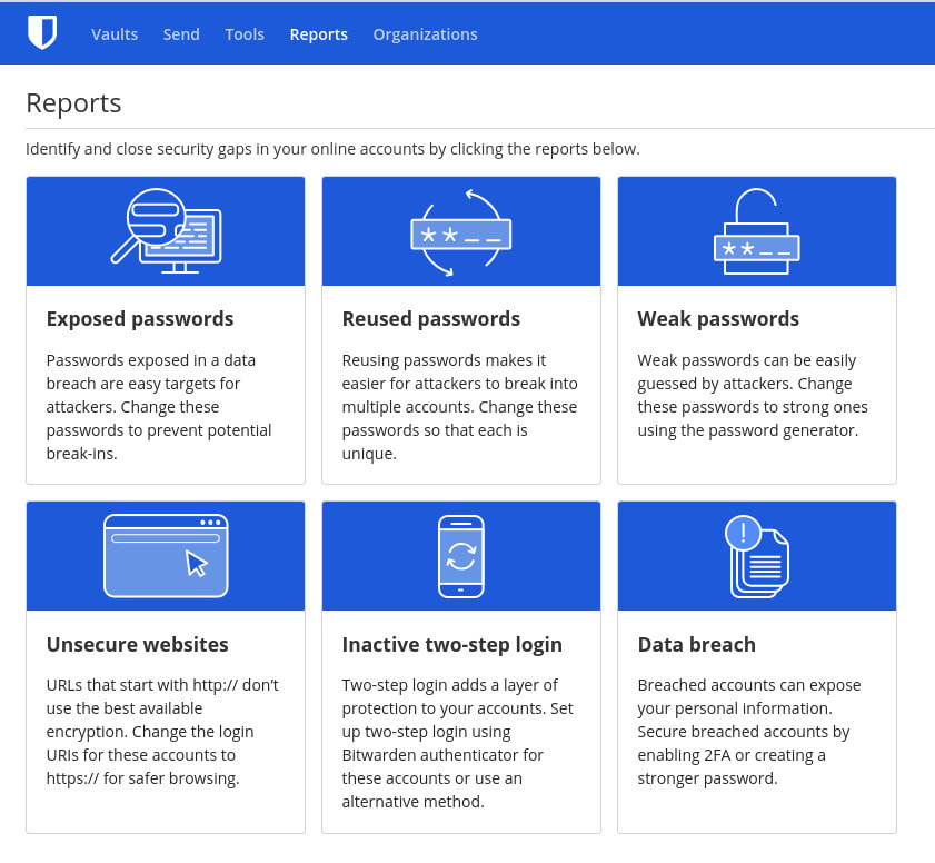 Figure 1: The Bitwarden Reports tool is found in the web vault.