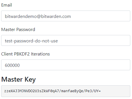 Creating a master key using the PBKDF2 algorithm with 600,000 iterations