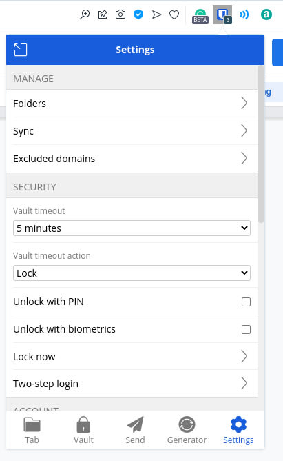 Figure 5: Changing the Vault Timeout setting in Bitwarden.