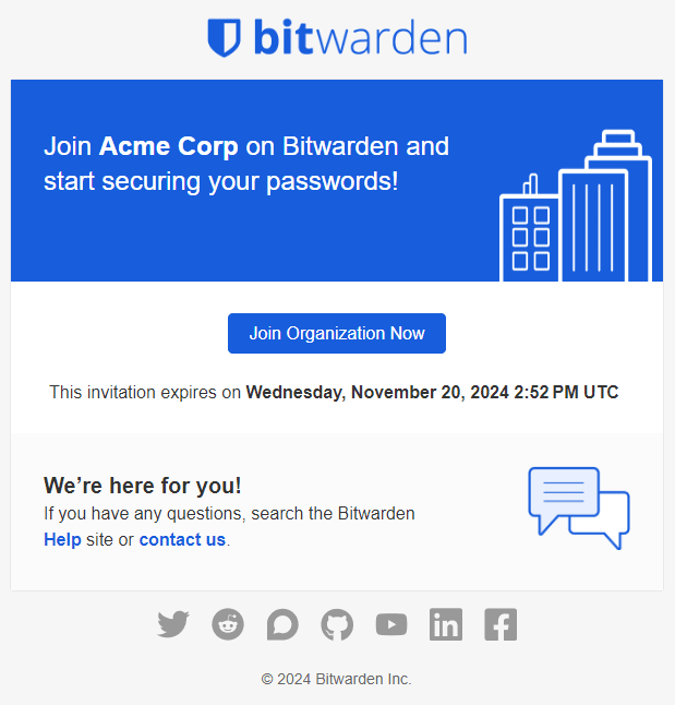 After clicking an emailed link, the invited user is prompted to accept the invitation to the organization