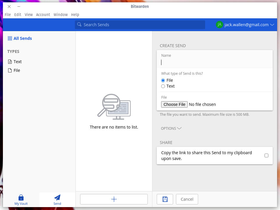 Figure 3: Creating your first Send in Bitwarden
