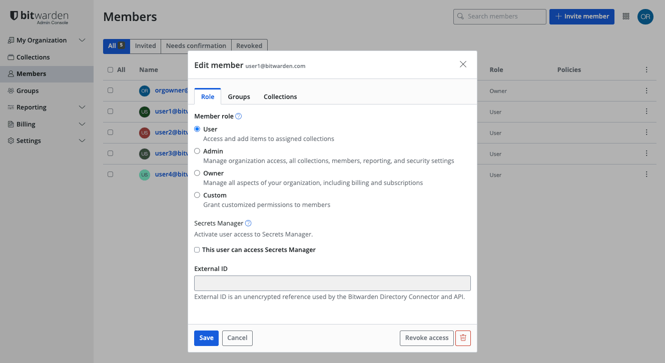 Editando roles de miembro