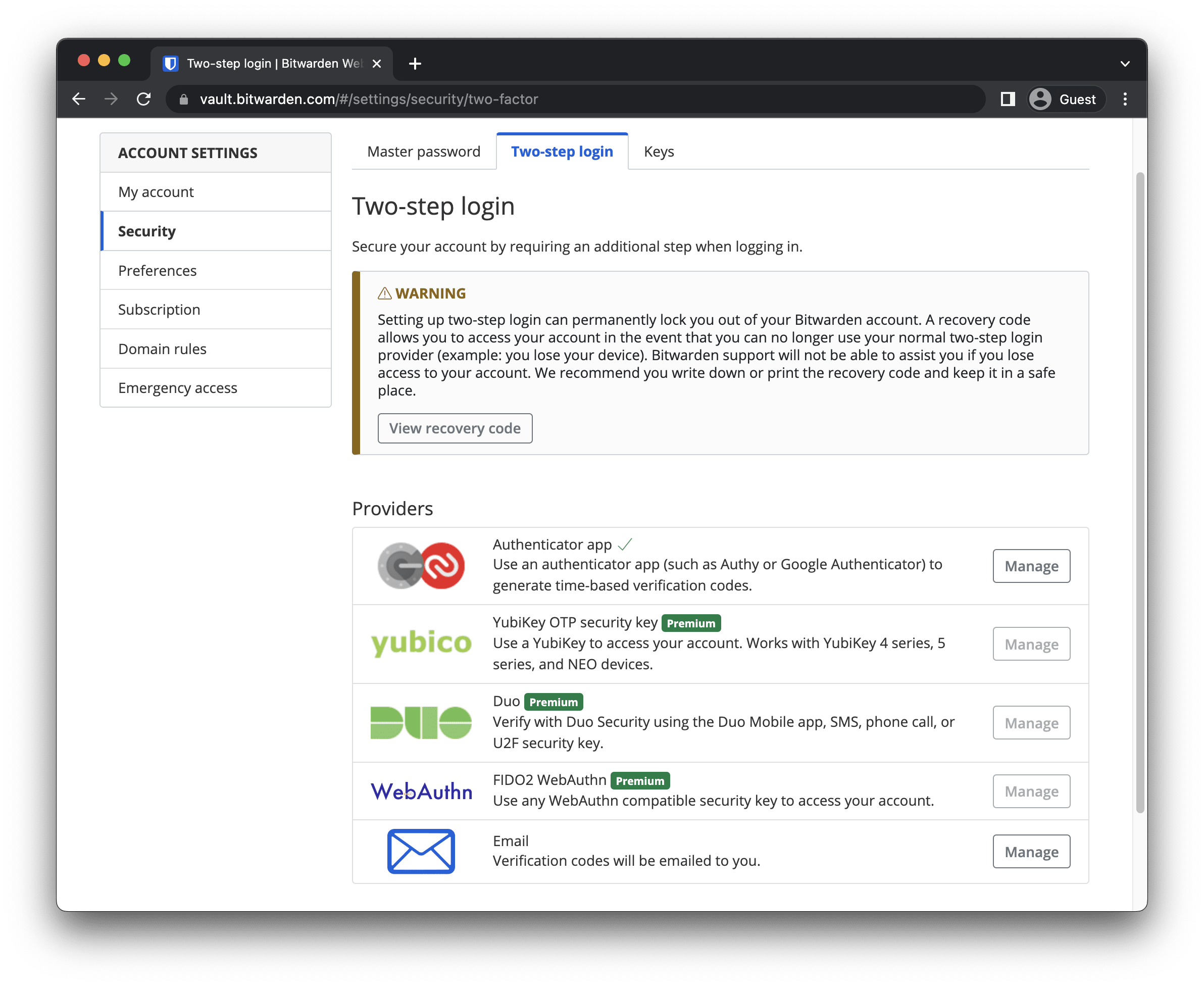 With two-step login enabled, be sure to grab your Bitwarden Recovery Code