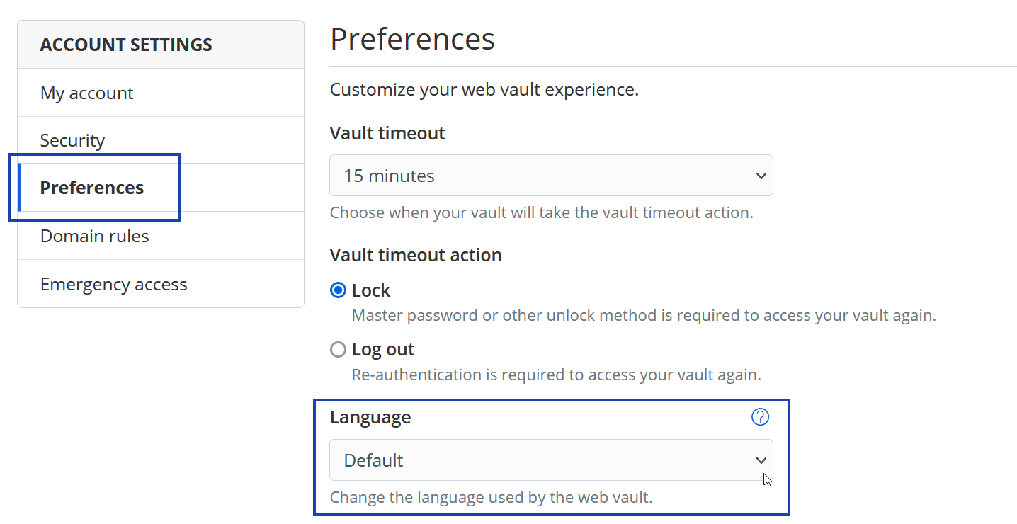 Web Vault: Preferences - Language