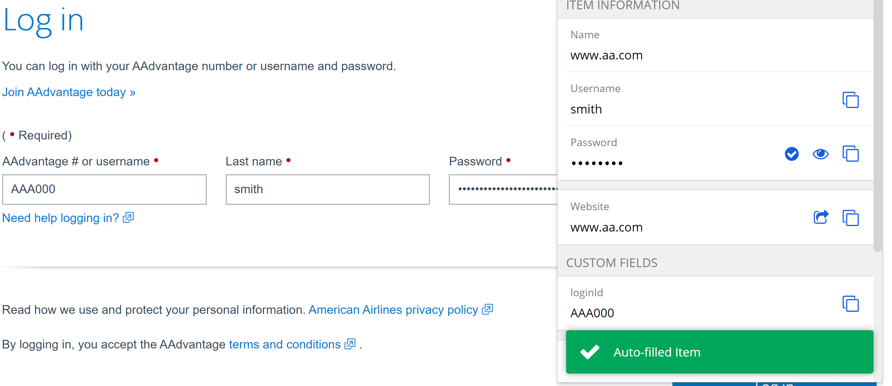 A login autofilled with custom fields