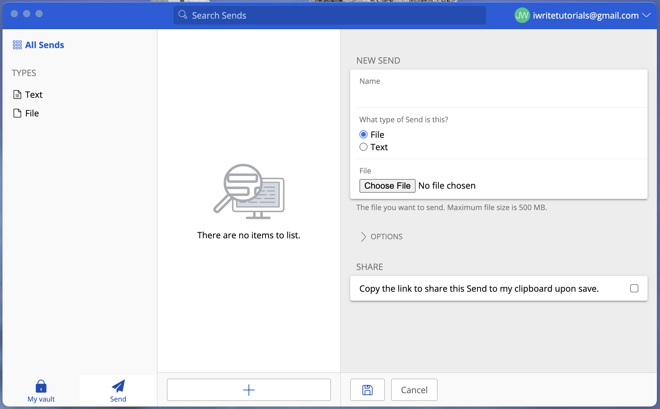 Figure 2: Creating a Send with the Bitwarden Password Manager.