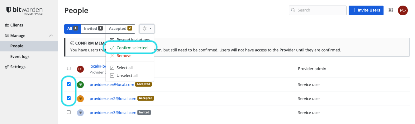 Confirm provider users 