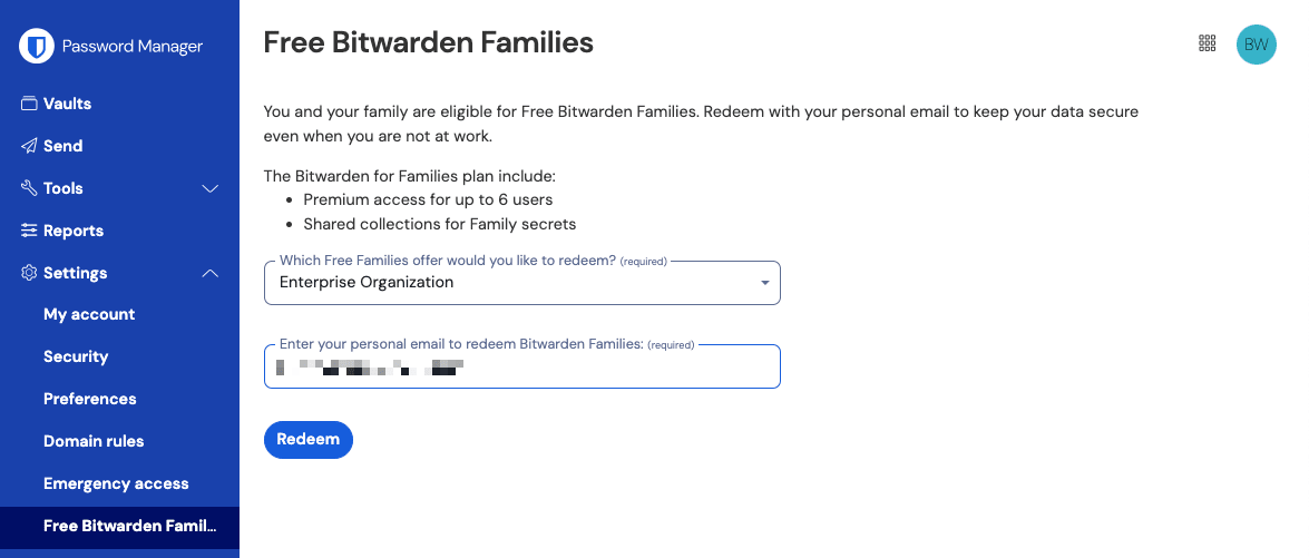 Free Bitwarden Families