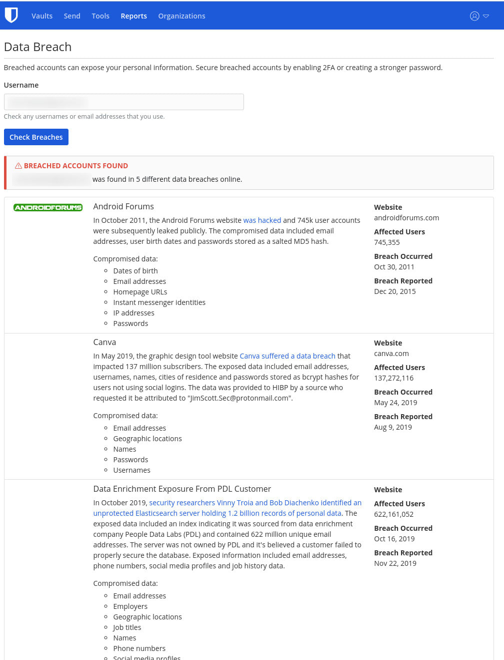 Figure 4: A Data Breach report shows 5 different online breaches associated with an email account of mine.