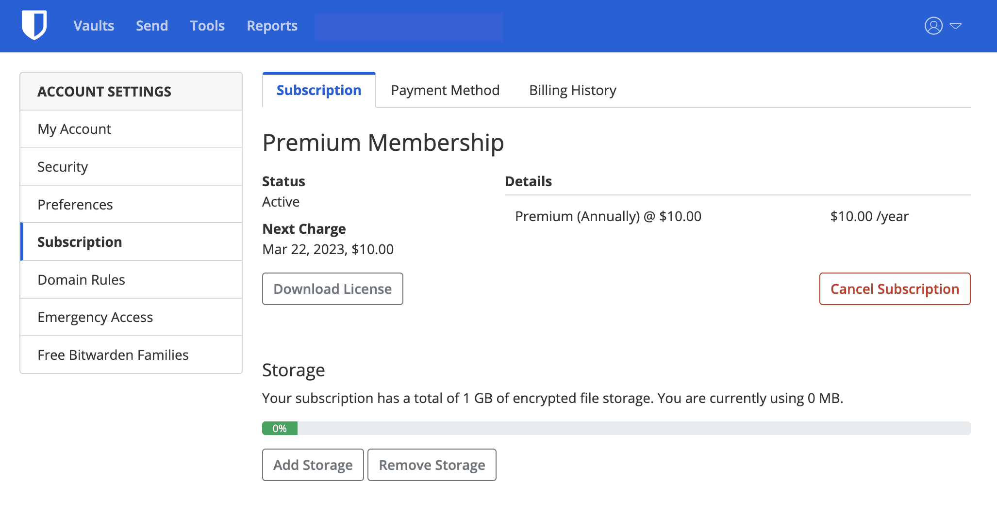 New Subscription Page - Showing the Subscription settings in account settings.