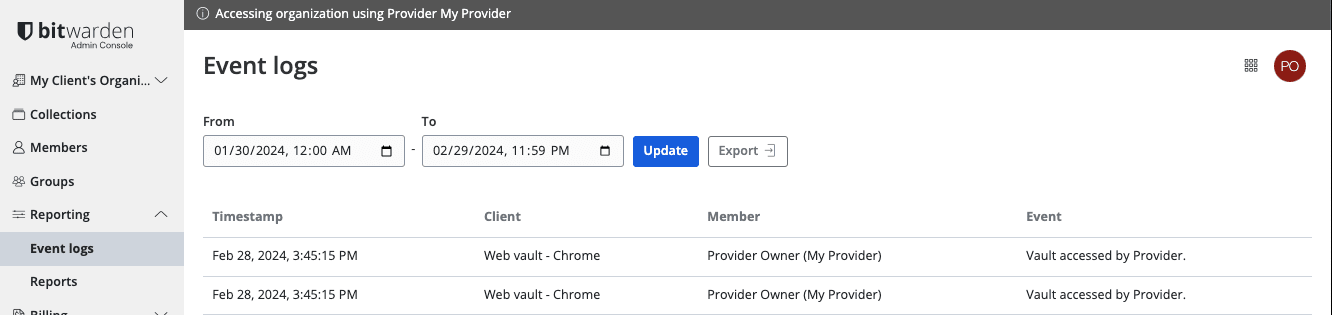 Provider accessing events