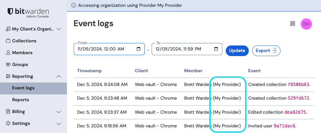 Provider accessing events