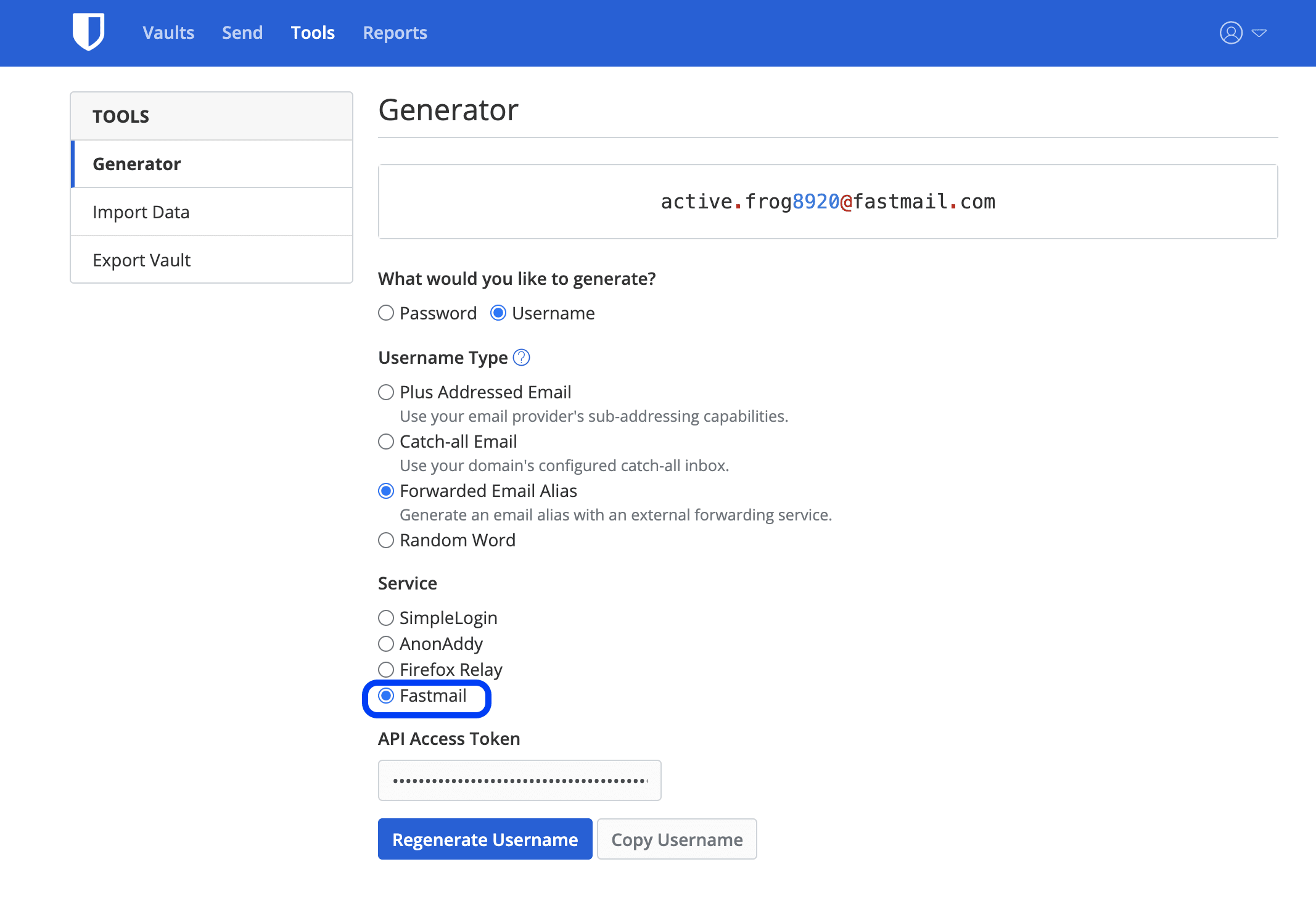 Bitwarden and Fastmail integration  - The Bitwarden Generator now includes Fastmail email alias