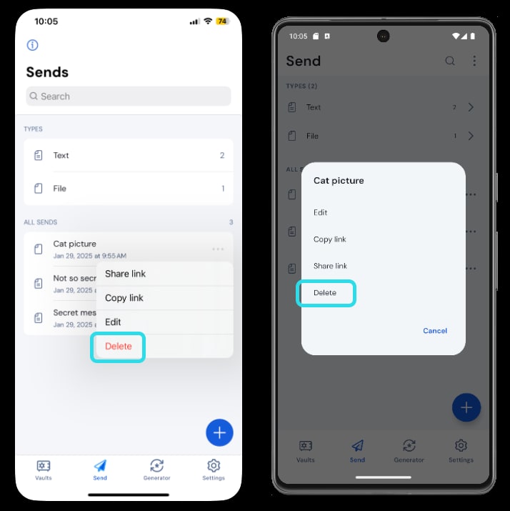 Delete a send on mobile