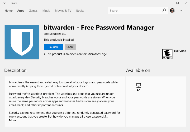 The Microsoft Store listing for Bitwarden's Edge extension