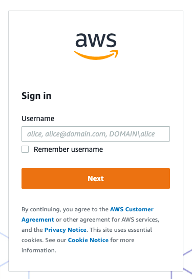 Pantalla de inicio de sesión de AWS 