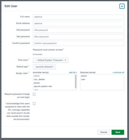 Splunk editar permisos de usuario