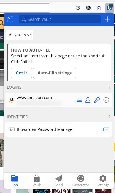 Figure 3: Using the Bitwarden browser extension to fill out your login credentials for amazon.com.