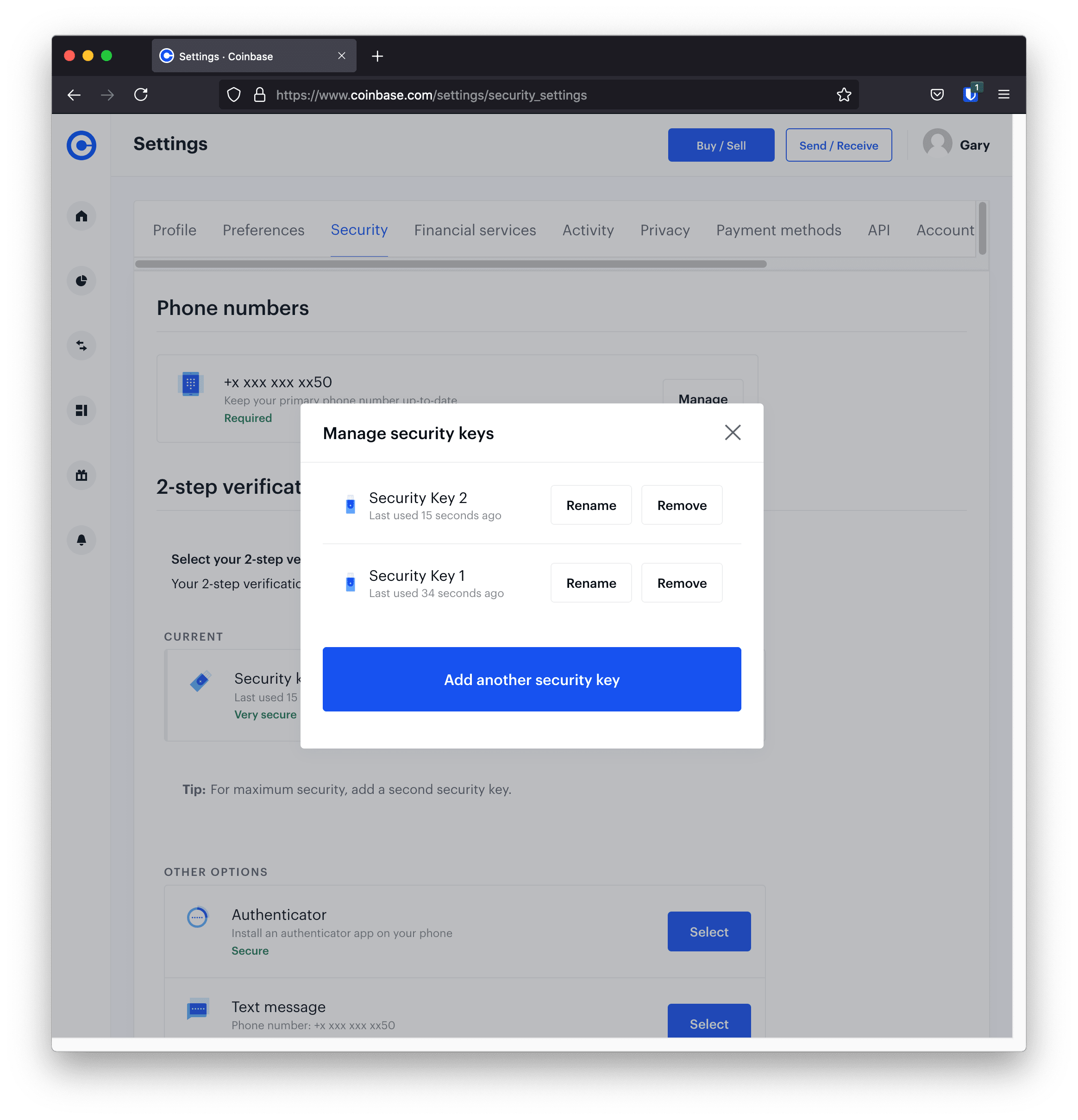 Setting up multiple security keys for authentication redundancy in Coinbase