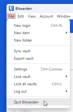 Desktop App (PC): File - Close Bitwarden