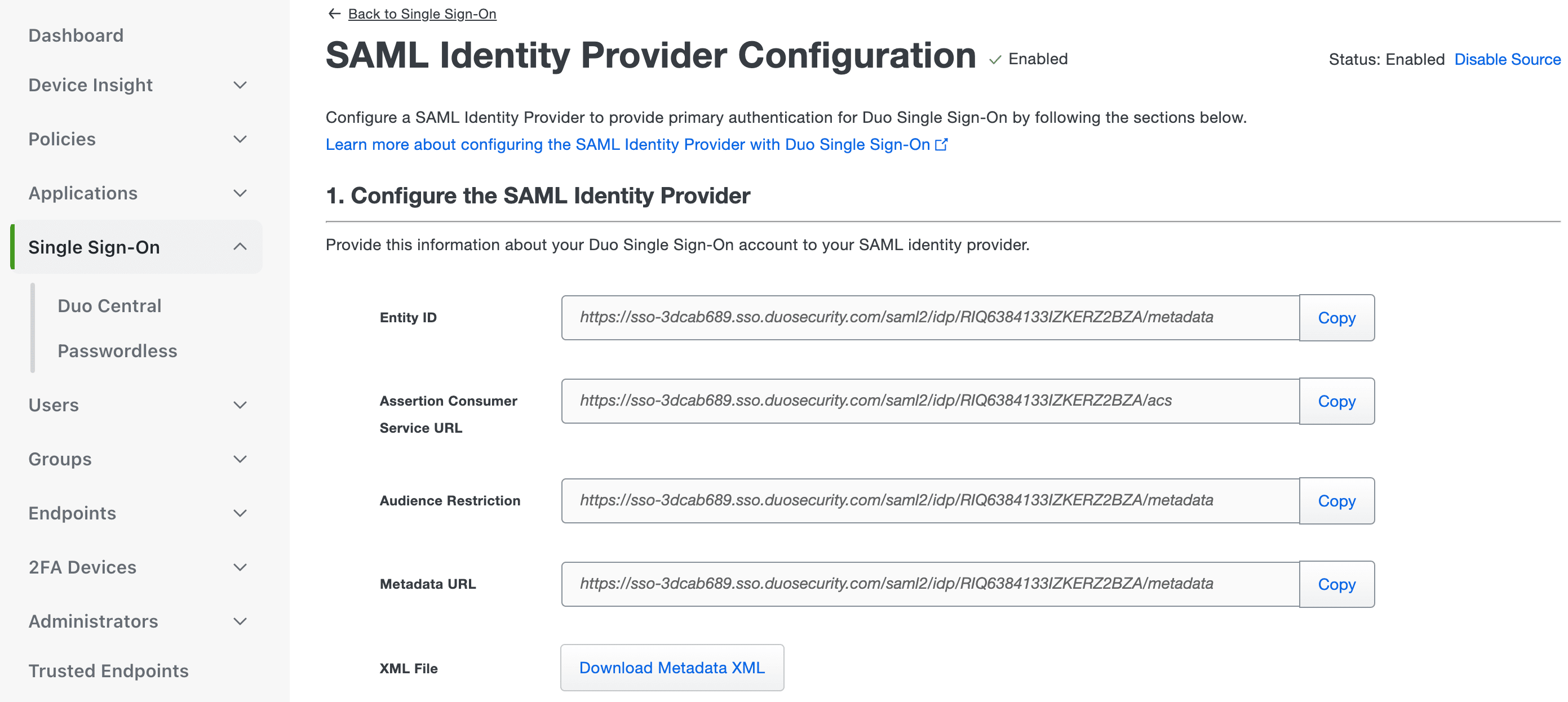 Configuración del Proveedor de Identidad SAML de Duo