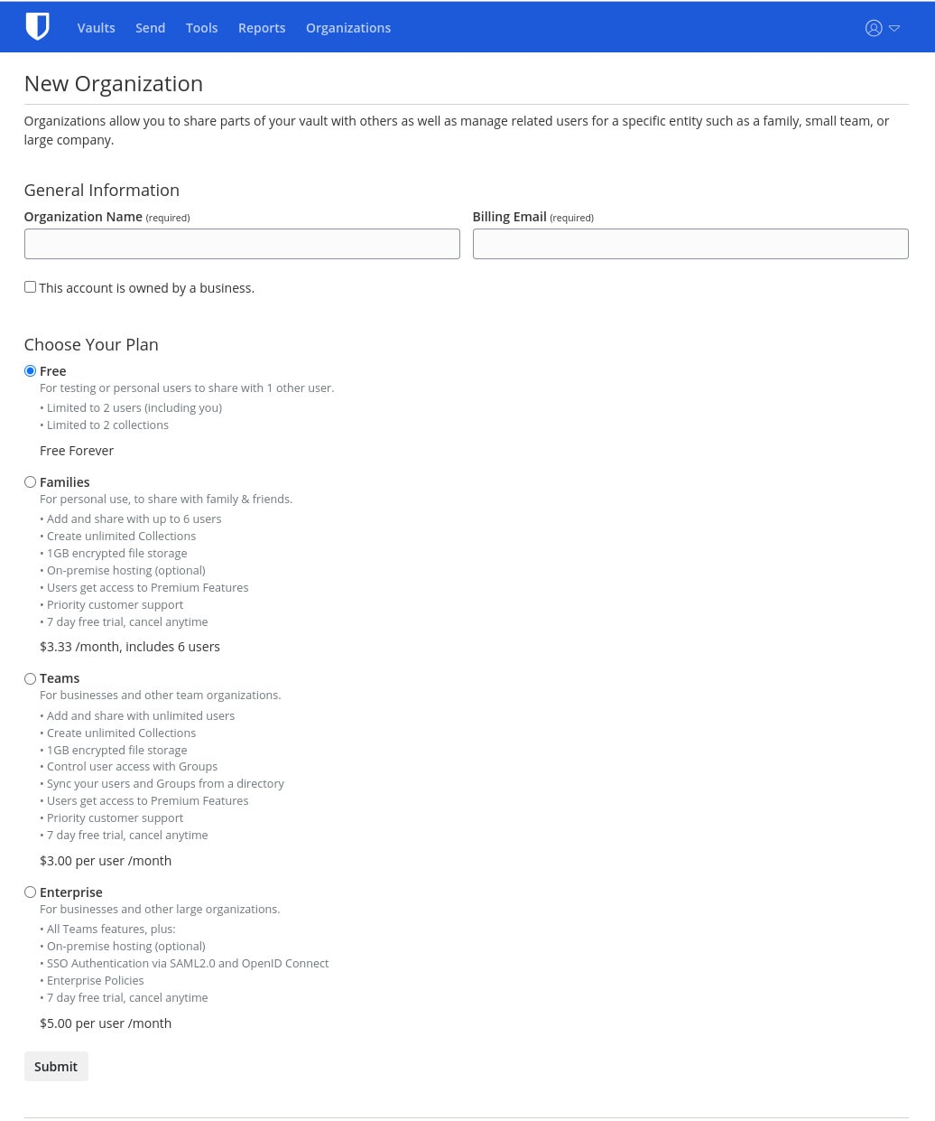 Figure 2: Adding a new organization in Bitwarden.