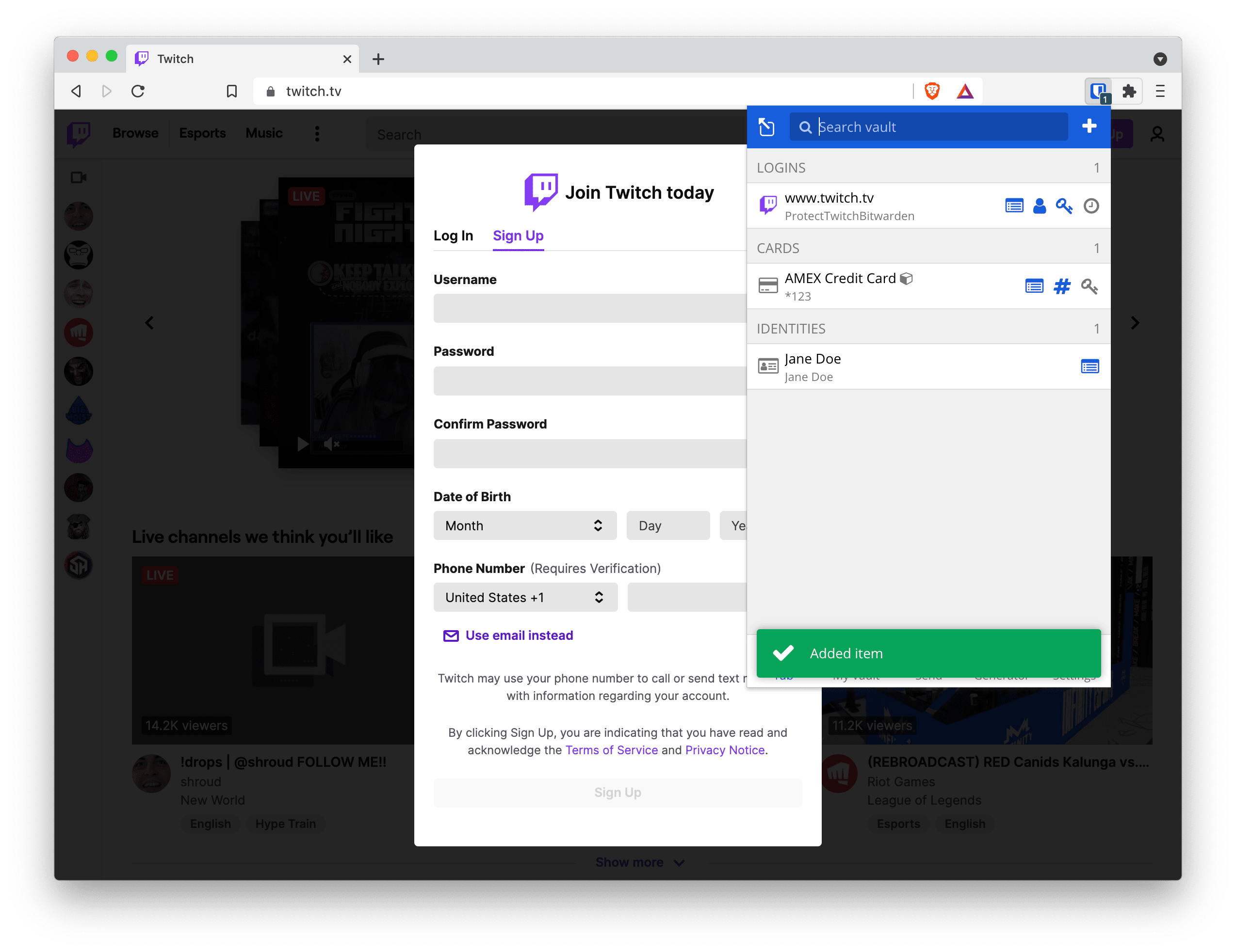 Notification that your Twitch credentials have been saved on the Bitwarden browser extension