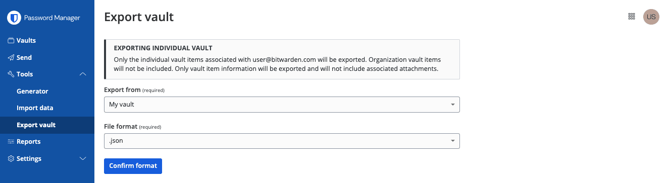 Exportiere einzelnen Tresor