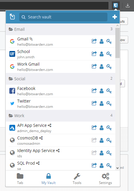 A vault listing showing website icons