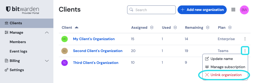 Unlink client organization