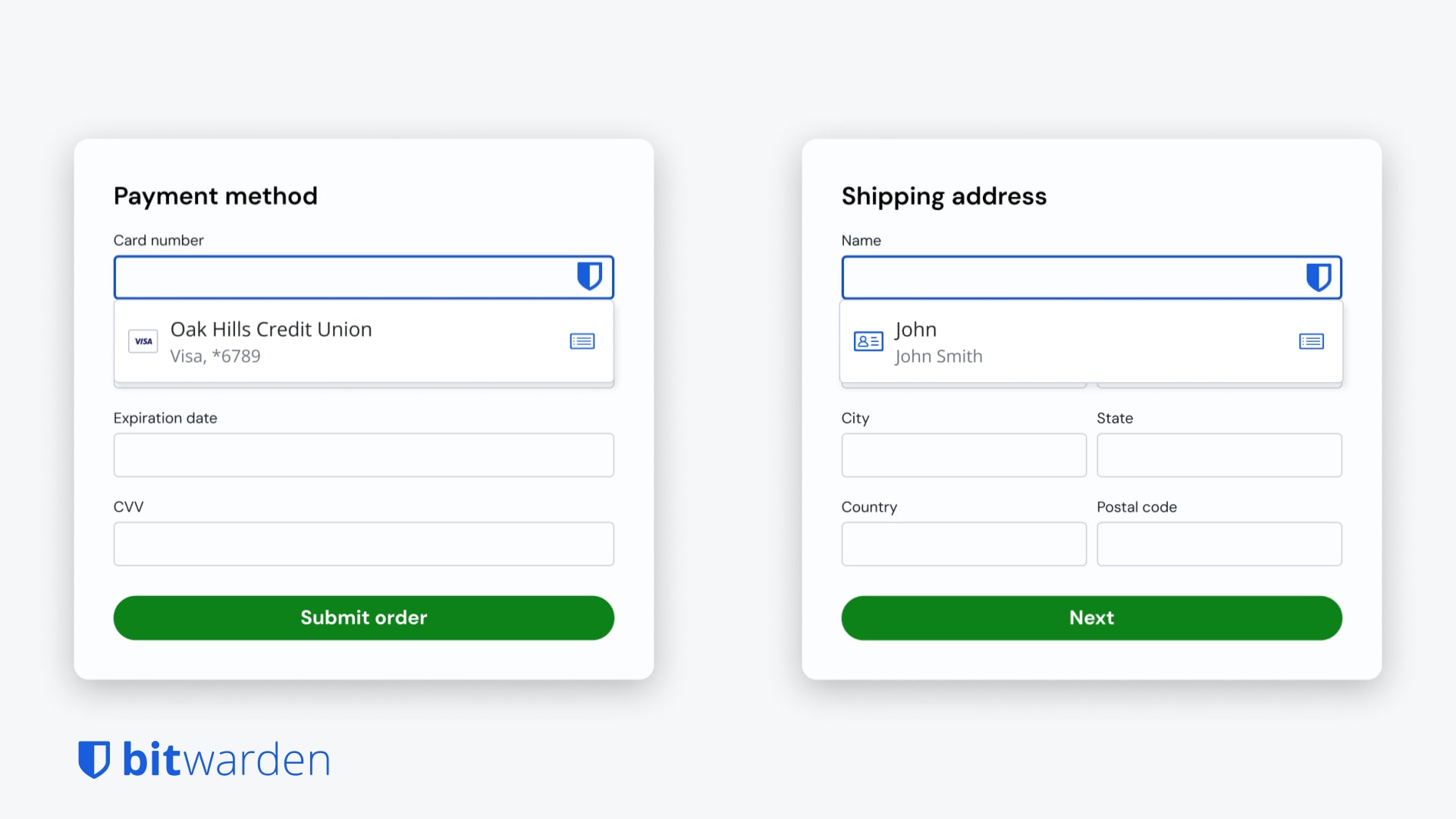 Bitwarden autofill menu updates include credit cards and identities.