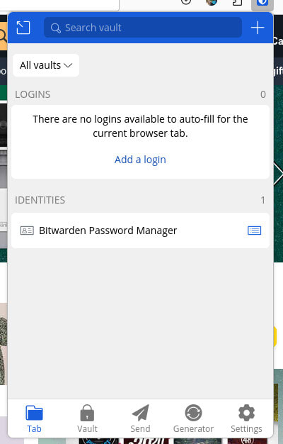 Figure 1: The Bitwarden browser extension on the Firefox web browser.