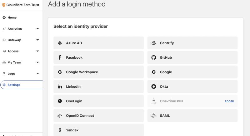 Lista de IdP de Confianza Cero de Cloudflare 