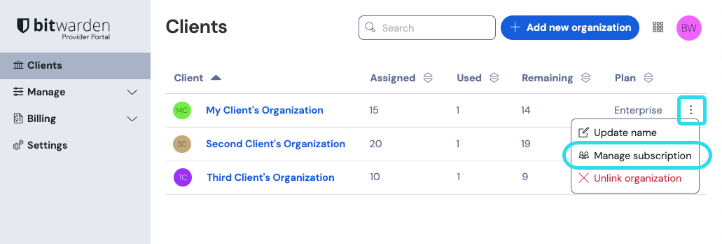 Add client organization seats
