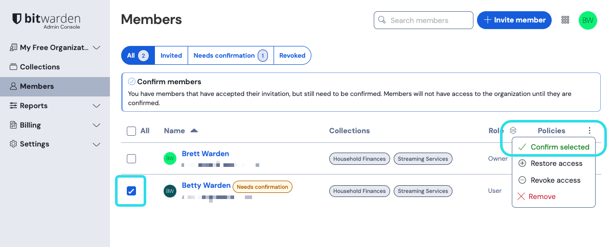 Confirm member to an organization