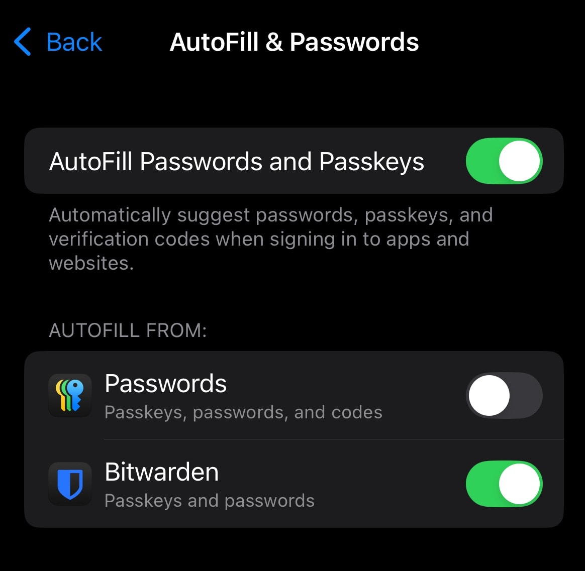 iOS Password Options screen